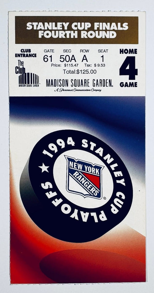 Closeup detail of 1994 Rangers Stanley Cup Game 7 Mark Messier ticket 