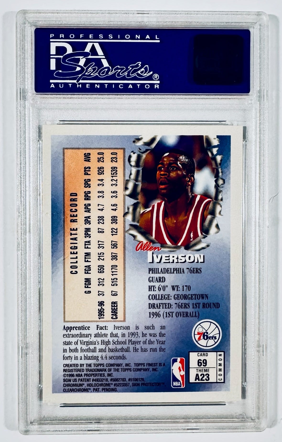 Back of 1996-97 Topps Finest Allen Iverson Rookie Card #69 showing collegiate stats in a PSA 9 slab.