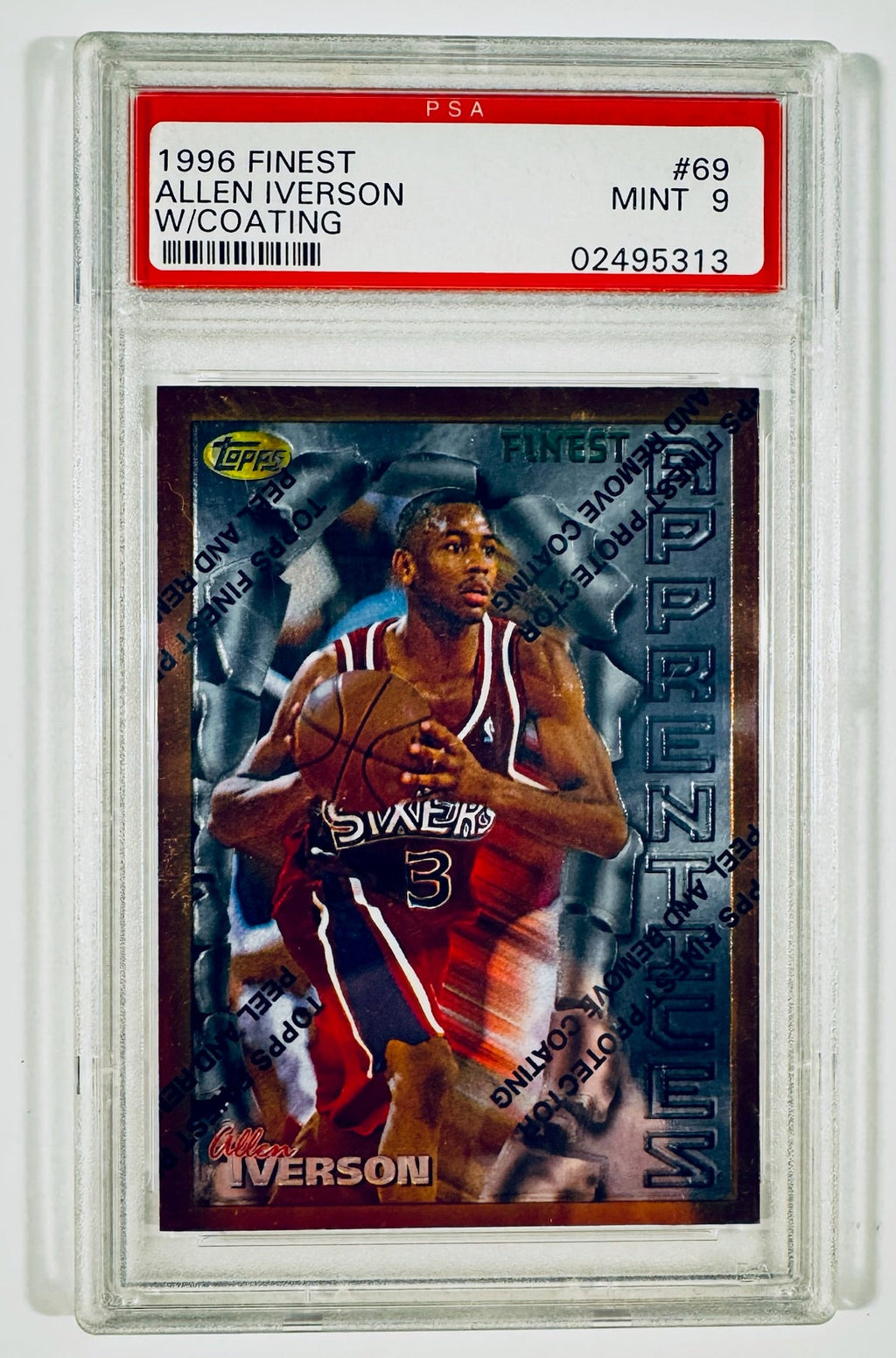 1996-97 Topps Finest Allen Iverson Rookie Card #69 graded PSA 9 MINT with original protective coating intact.