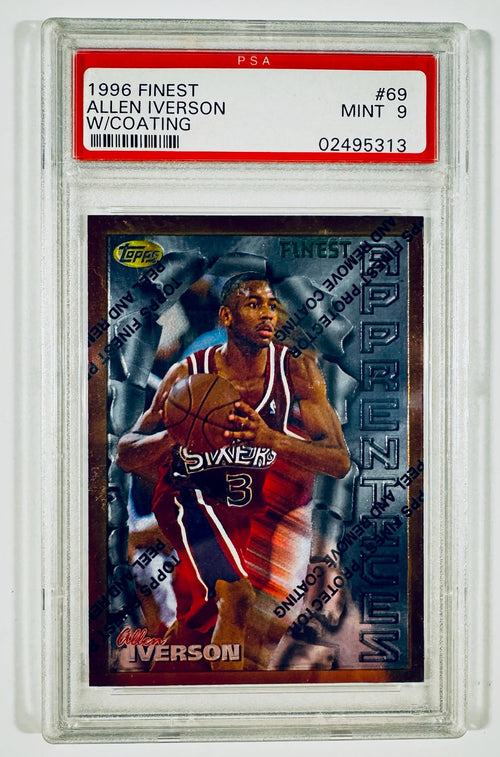 1996-97 Topps Finest Allen Iverson Rookie Card #69 graded PSA 9 MINT with original protective coating intact.