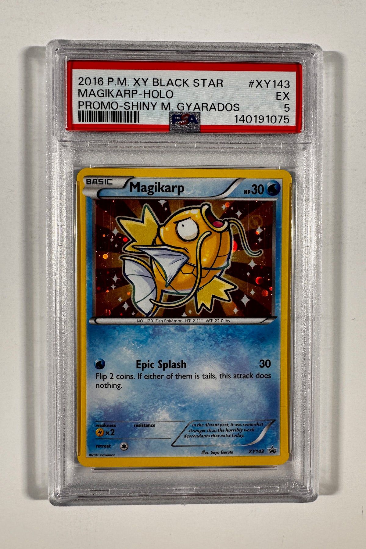 Front of PSA 5 EX graded 2016 Pokemon XY Black Star Promo Shiny Magikarp Holo card XY143.