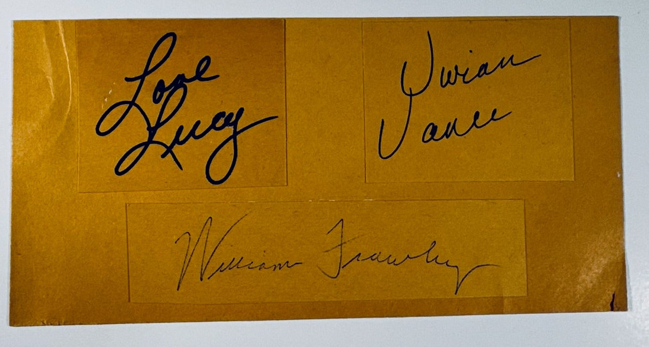 A view of the 7.5x3.75 vintage paper piece featuring three authentic cast signatures, as seen in IMG_9651.jpg.