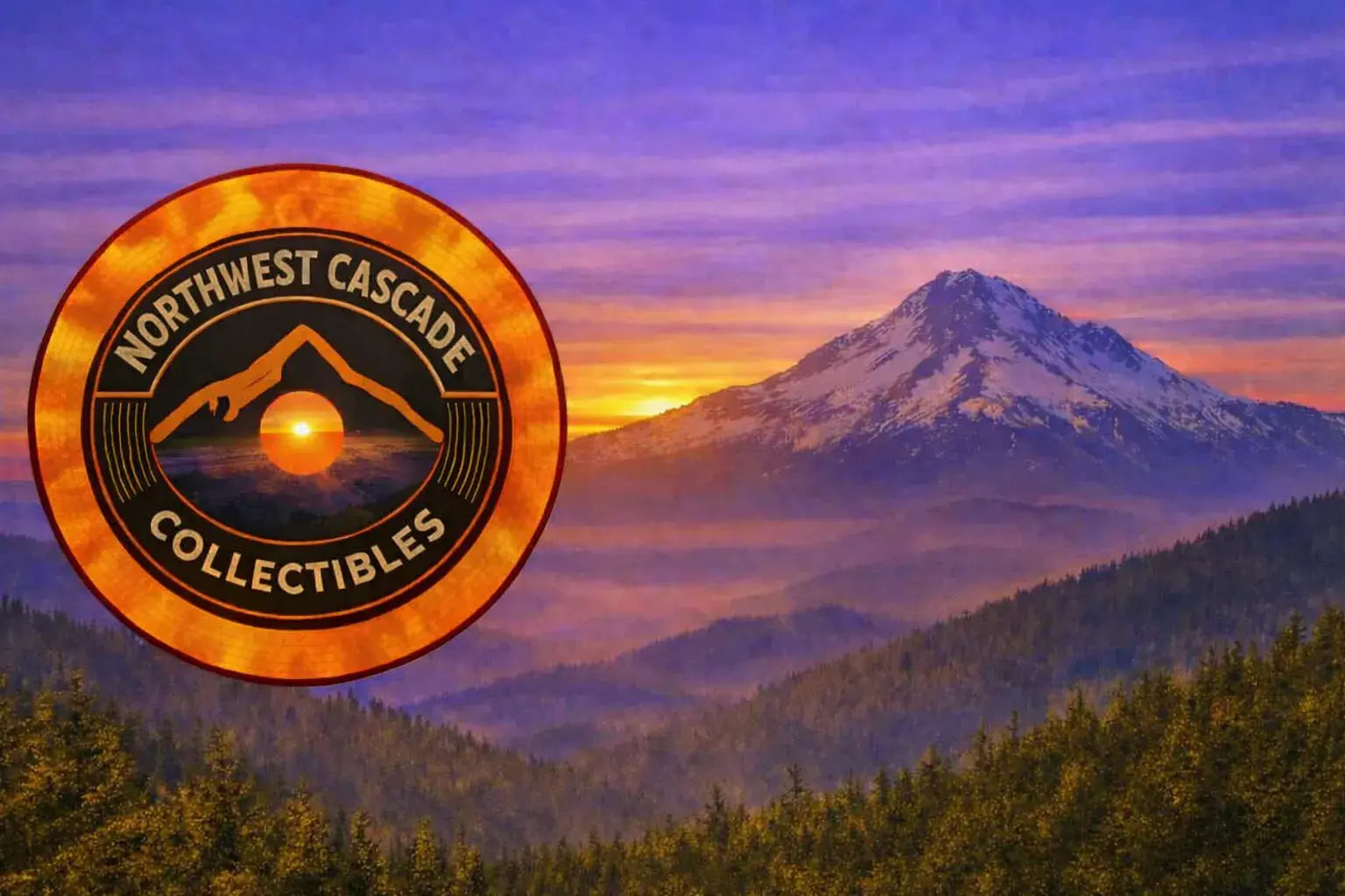 Northwest Cascade Collectibles logo over Mount Hood at sunset