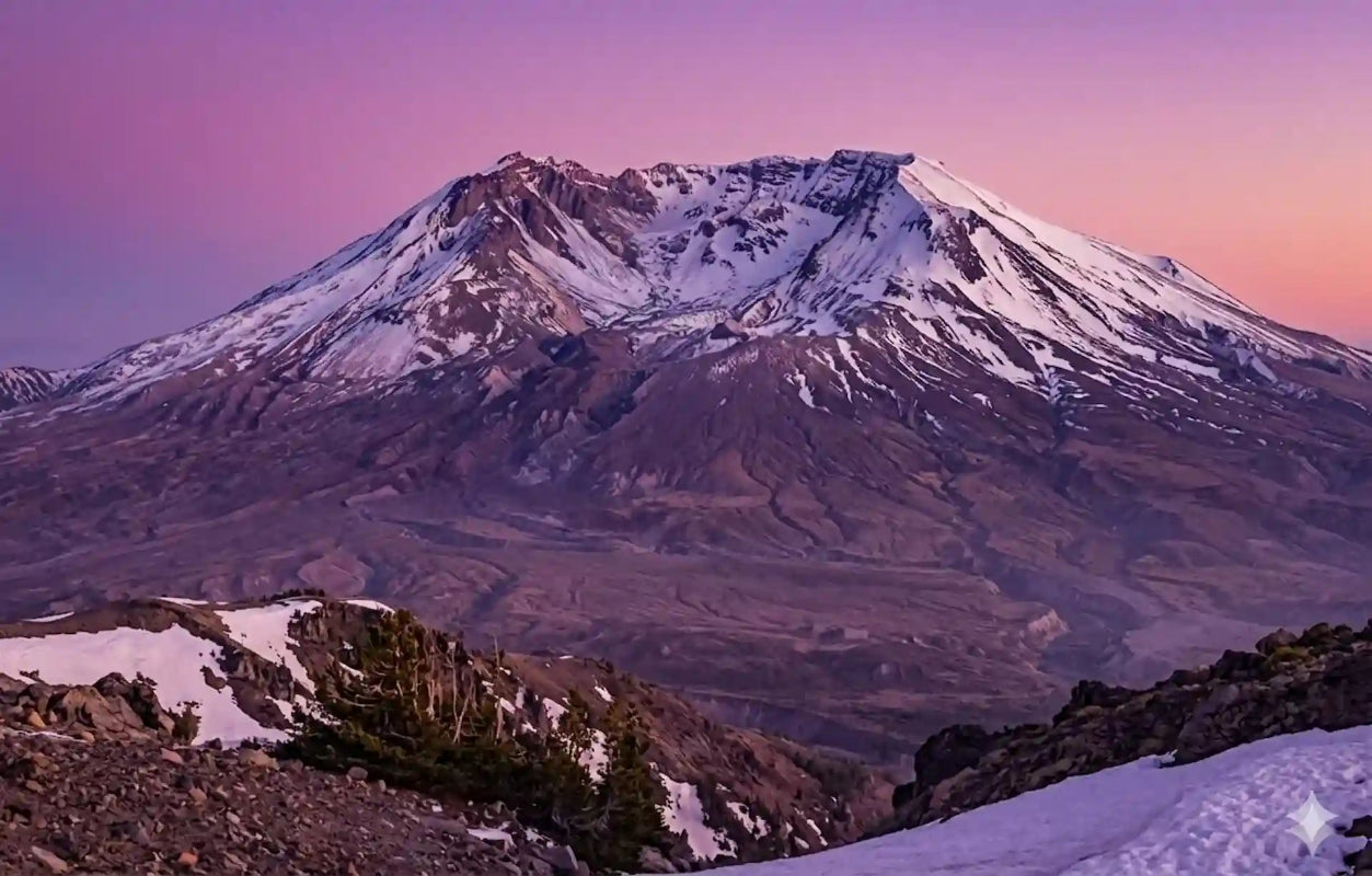 Snow-capped mountain under a pink and purple sunset sky