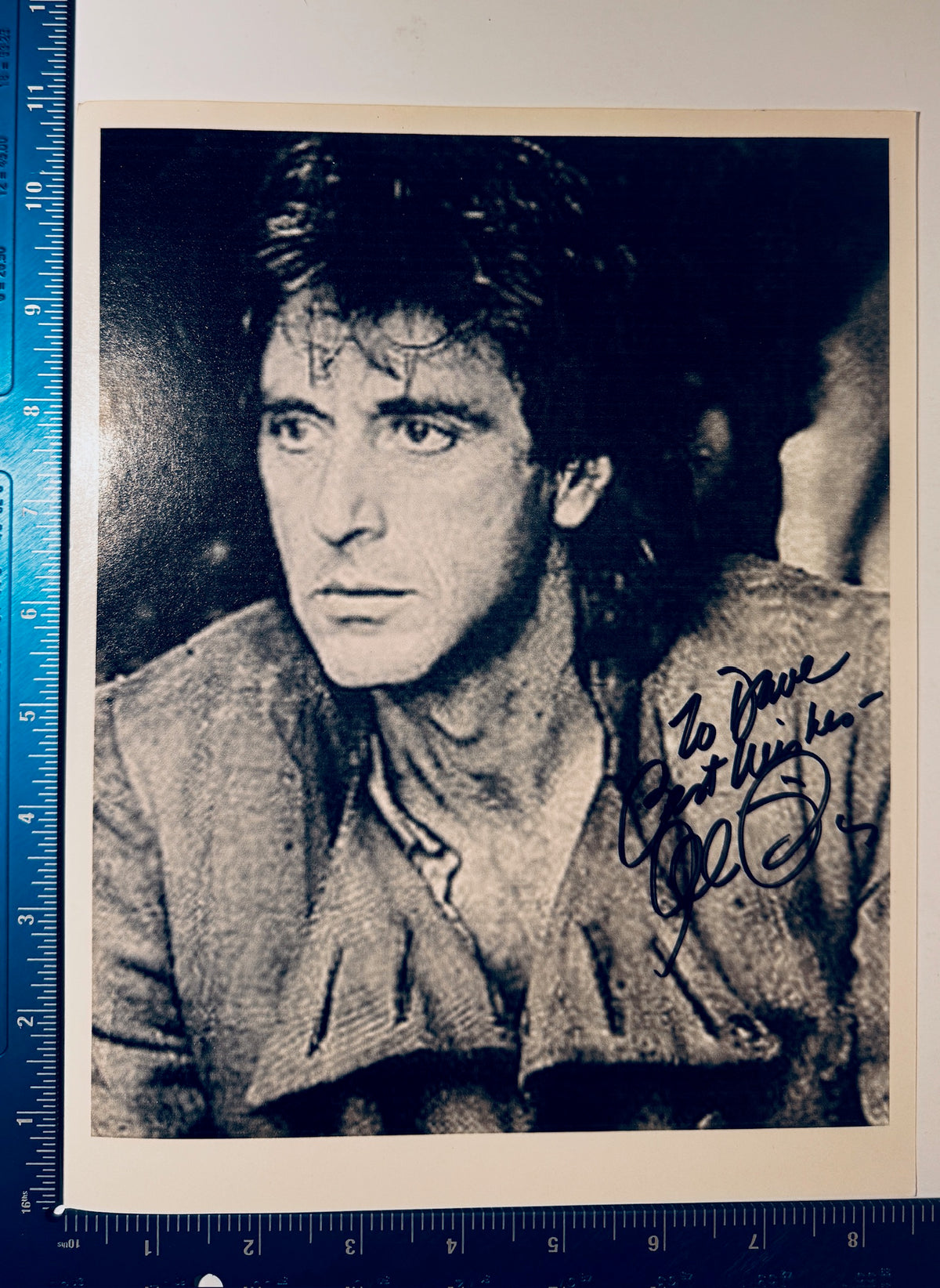 Vintage Al Pacino autographed photo shown next to a blue ruler measuring 8 by 10 inches.