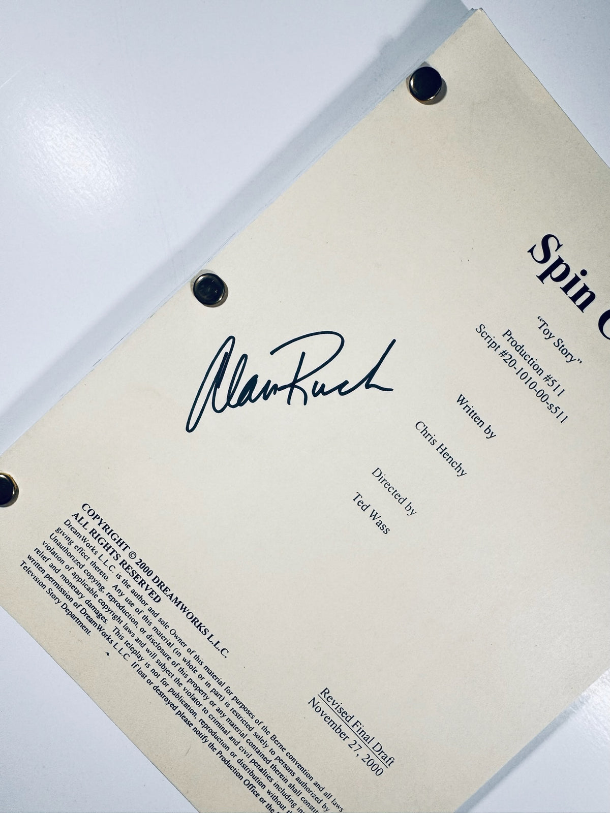 Close-up of Alan Ruck autograph on a Revised Final Draft Spin City teleplay script dated November 27 2000.