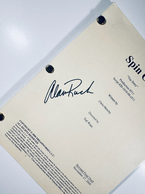 Close-up of Alan Ruck autograph on a Revised Final Draft Spin City teleplay script dated November 27 2000.