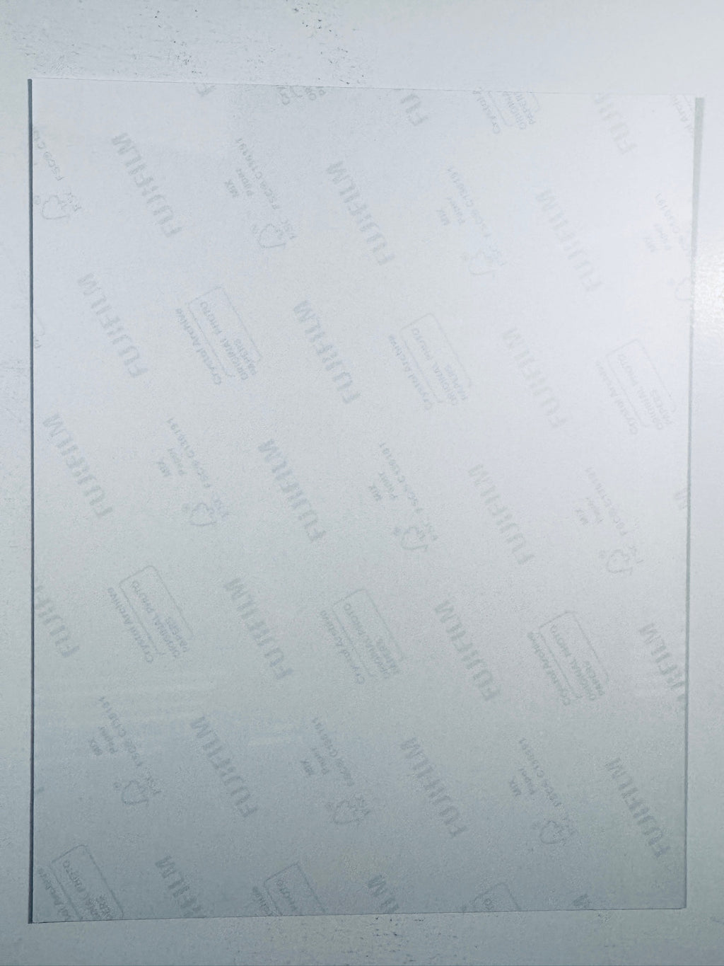 The plain white reverse side representing the back physical condition of the photograph print, showing translucent Fujifilm crystal archive paper watermarks and logos.