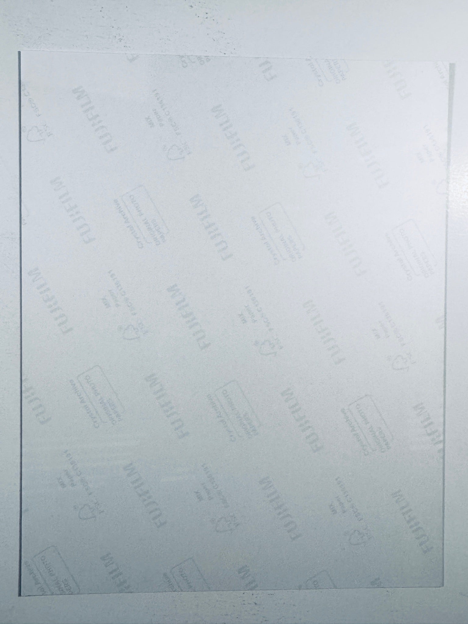 The plain white reverse side representing the back physical condition of the photograph print, showing translucent Fujifilm crystal archive paper watermarks and logos.