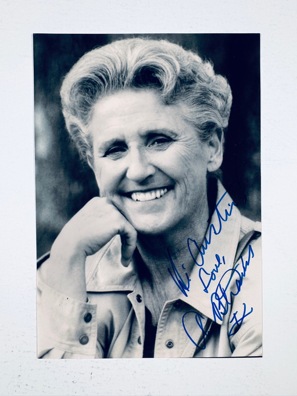 Autographed black and white portrait photo signed by Ann B. Davis with a personalized message in blue ink.