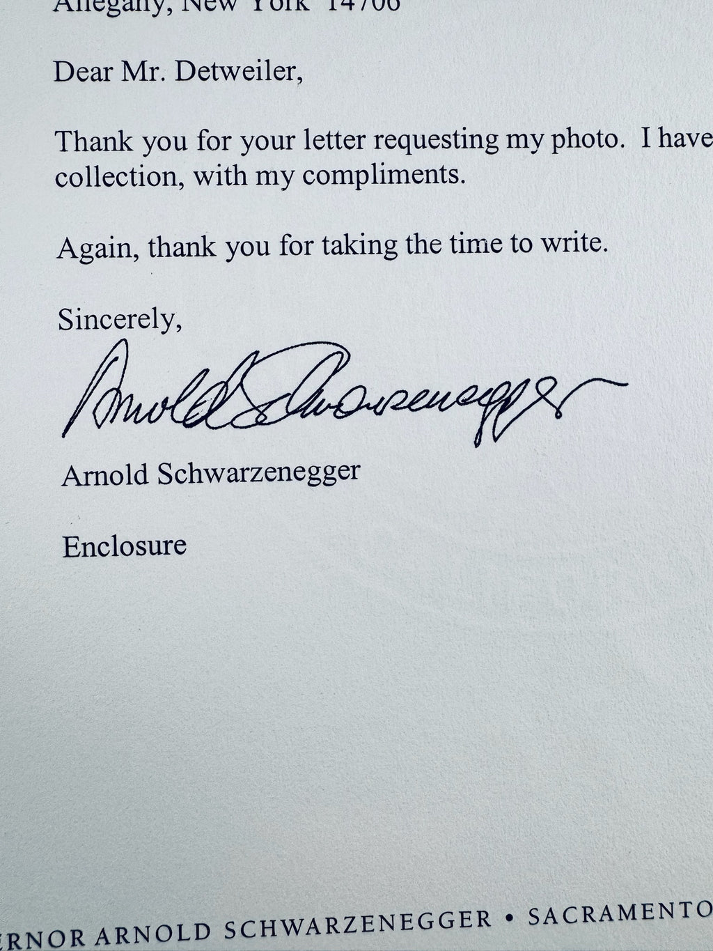 Close-up of Arnold Schwarzenegger signature on official California Governor letterhead.