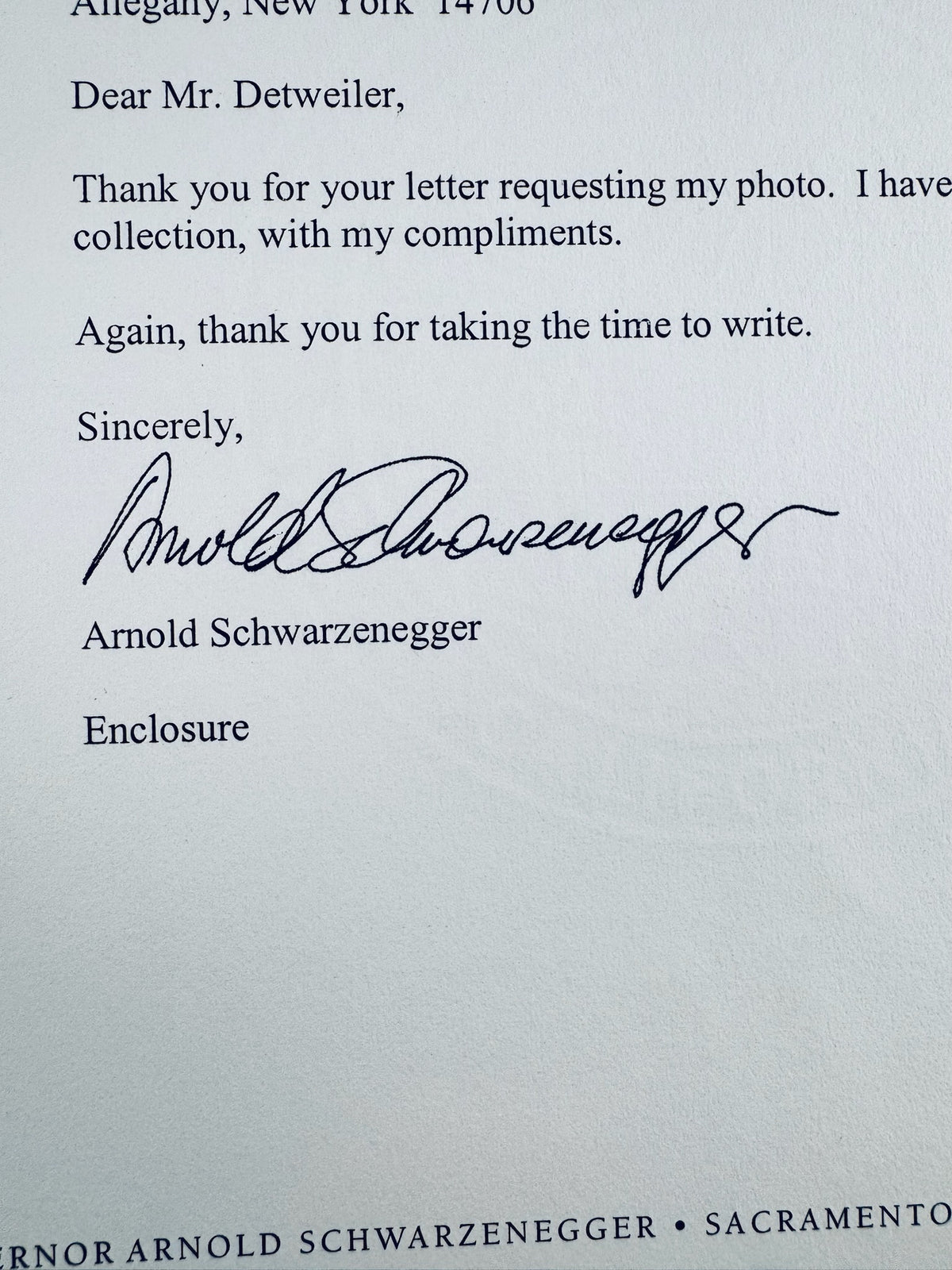 Close-up of Arnold Schwarzenegger signature on official California Governor letterhead.