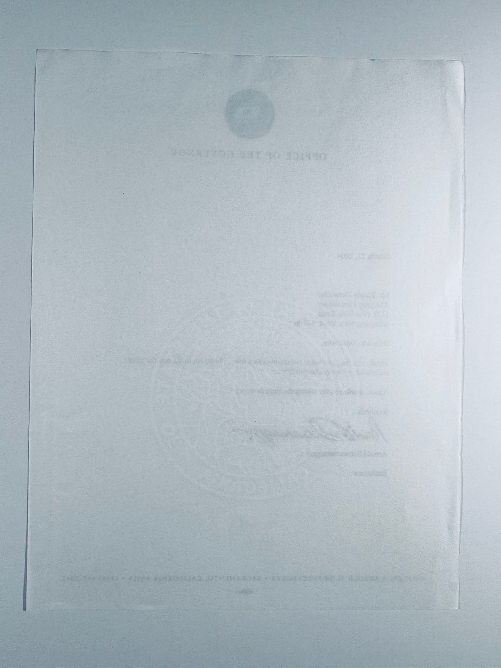 Reverse side of official California Governor letterhead showing Great Seal of California watermark.