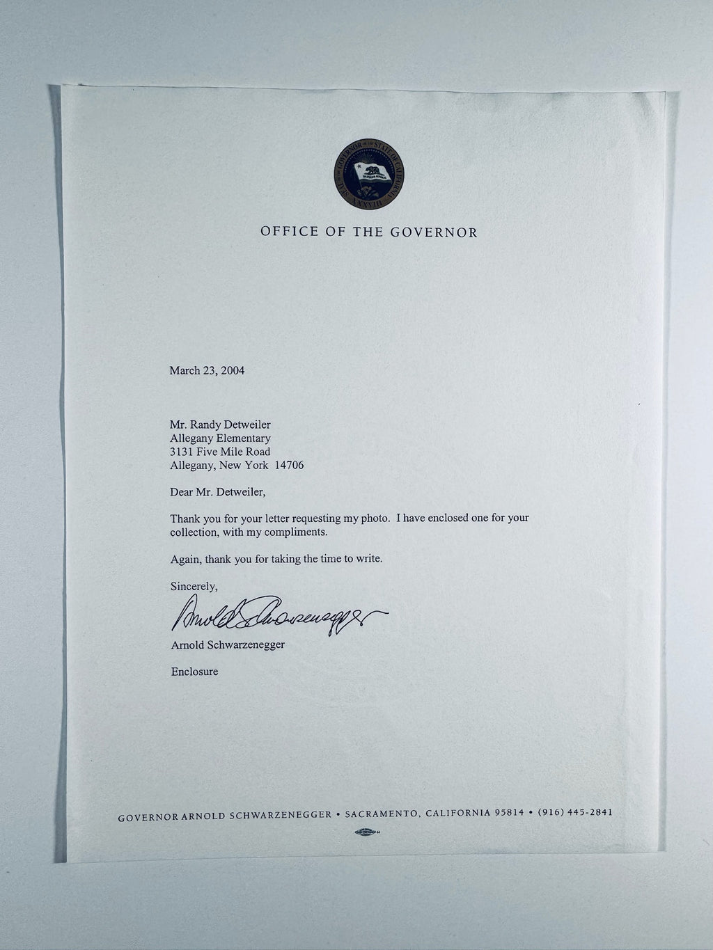 Official typed letter on Office of the Governor stationery dated March 23 2004 signed Arnold Schwarzenegger.
