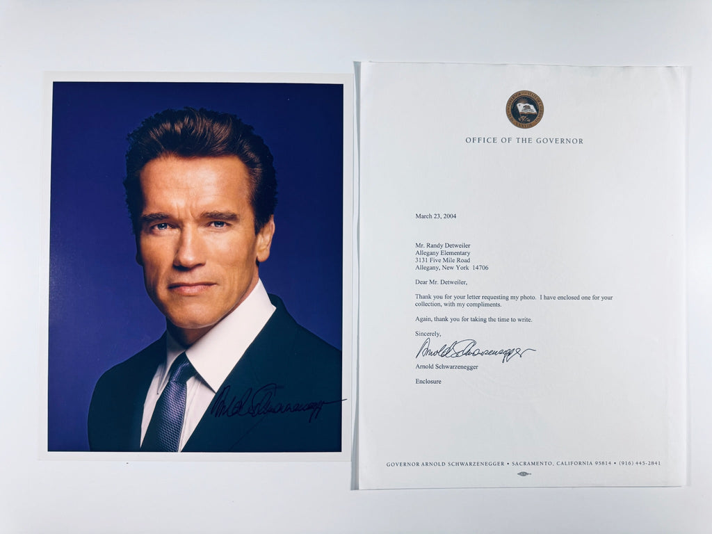 Arnold Schwarzenegger autographed 8x10 portrait photo alongside official 2004 Office of the Governor response letter.