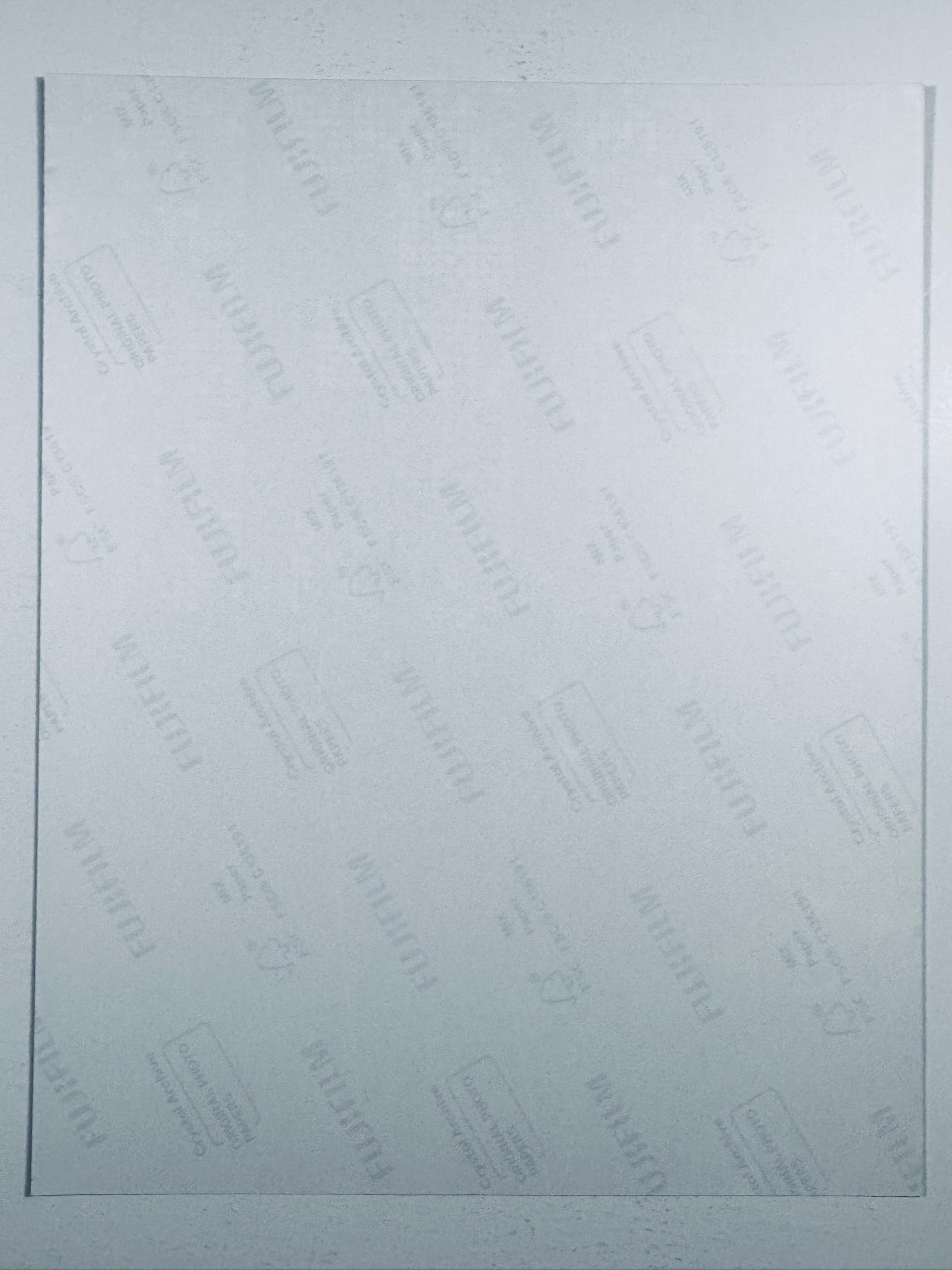 The plain white reverse side representing the back physical condition of the photograph print, showing translucent Fujifilm crystal archive paper watermarks and logos.