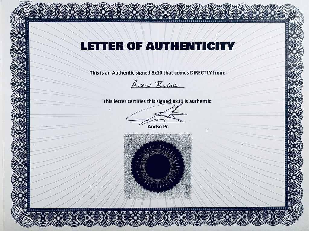 A Letter of Authenticity with a decorative blue-patterned border, certifying an authentic signed 8x10 coming directly from Austin Butler, featuring a dark circular seal graphic at the bottom.