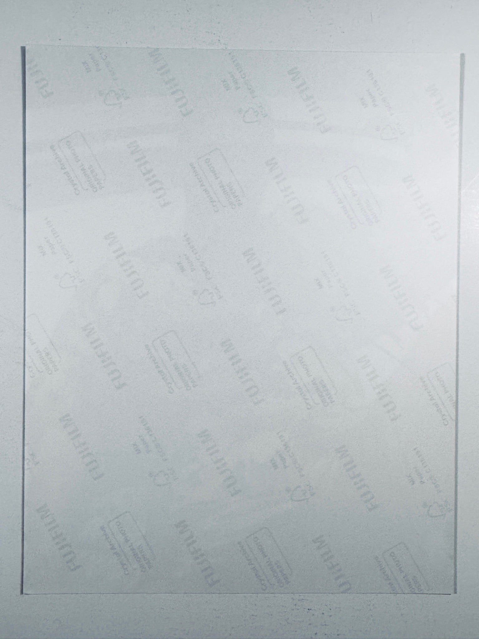 The plain white reverse side representing the back physical condition of the photograph print, showing translucent Fujifilm crystal archive paper watermarks and logos.