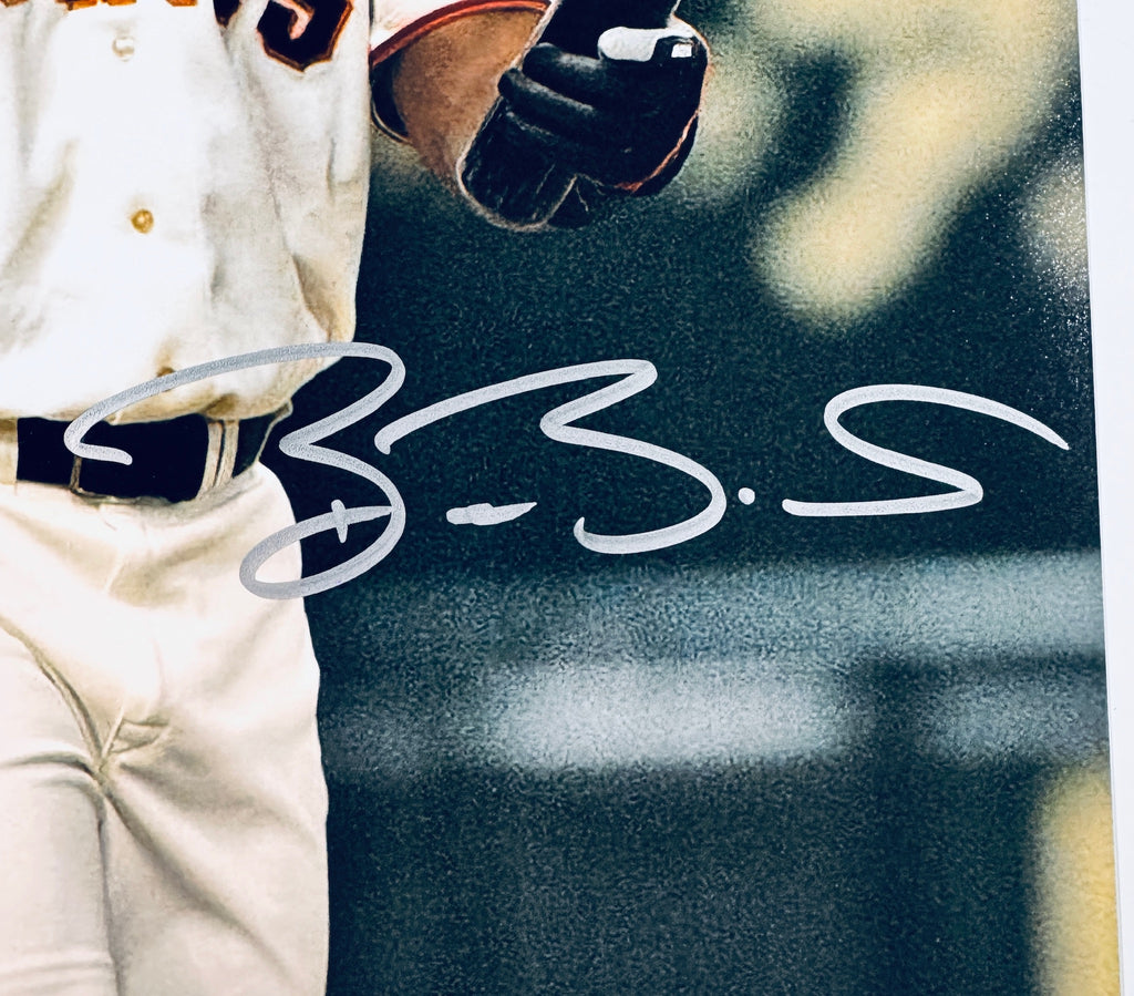Close-up of Barry Bonds's signature in silver marker on the signed San Francisco Giants 8x10 photo.