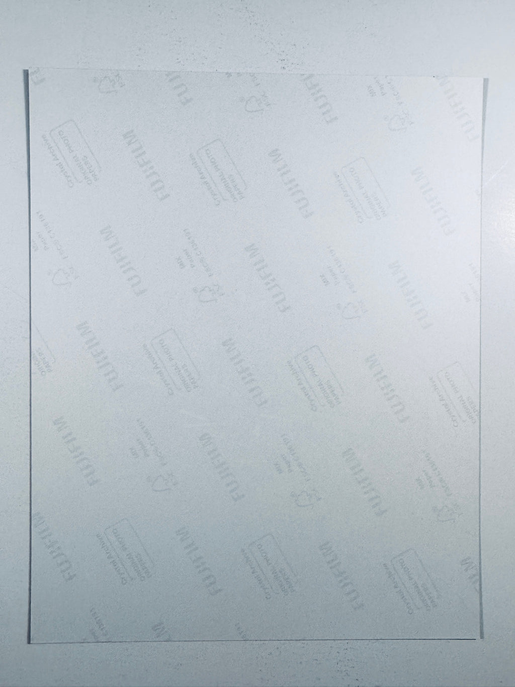 The plain white reverse side representing the back physical condition of the photograph print, showing translucent Fujifilm crystal archive paper watermarks and logos.