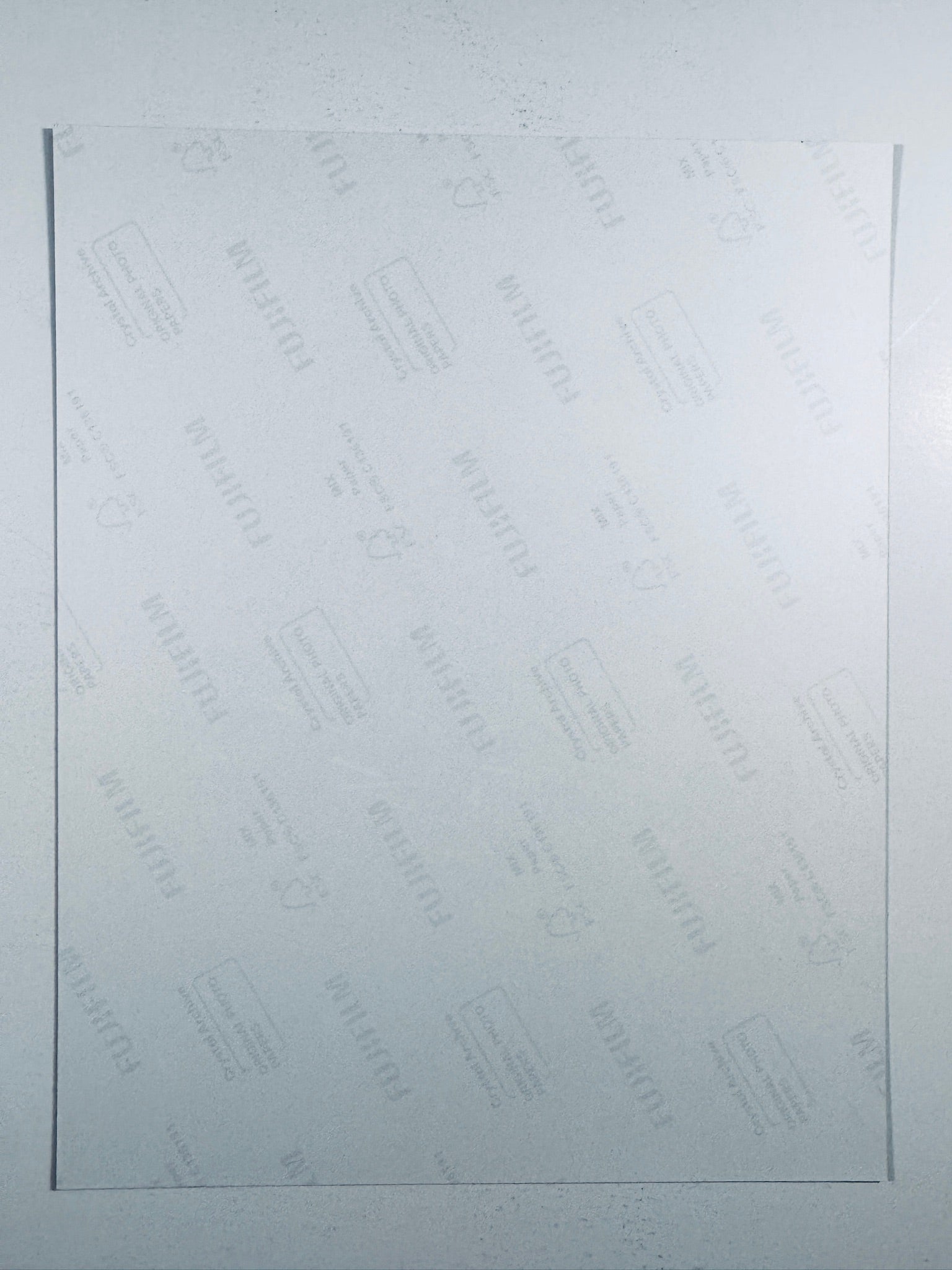 The plain white reverse side representing the back physical condition of the photograph print, showing translucent Fujifilm crystal archive paper watermarks and logos.