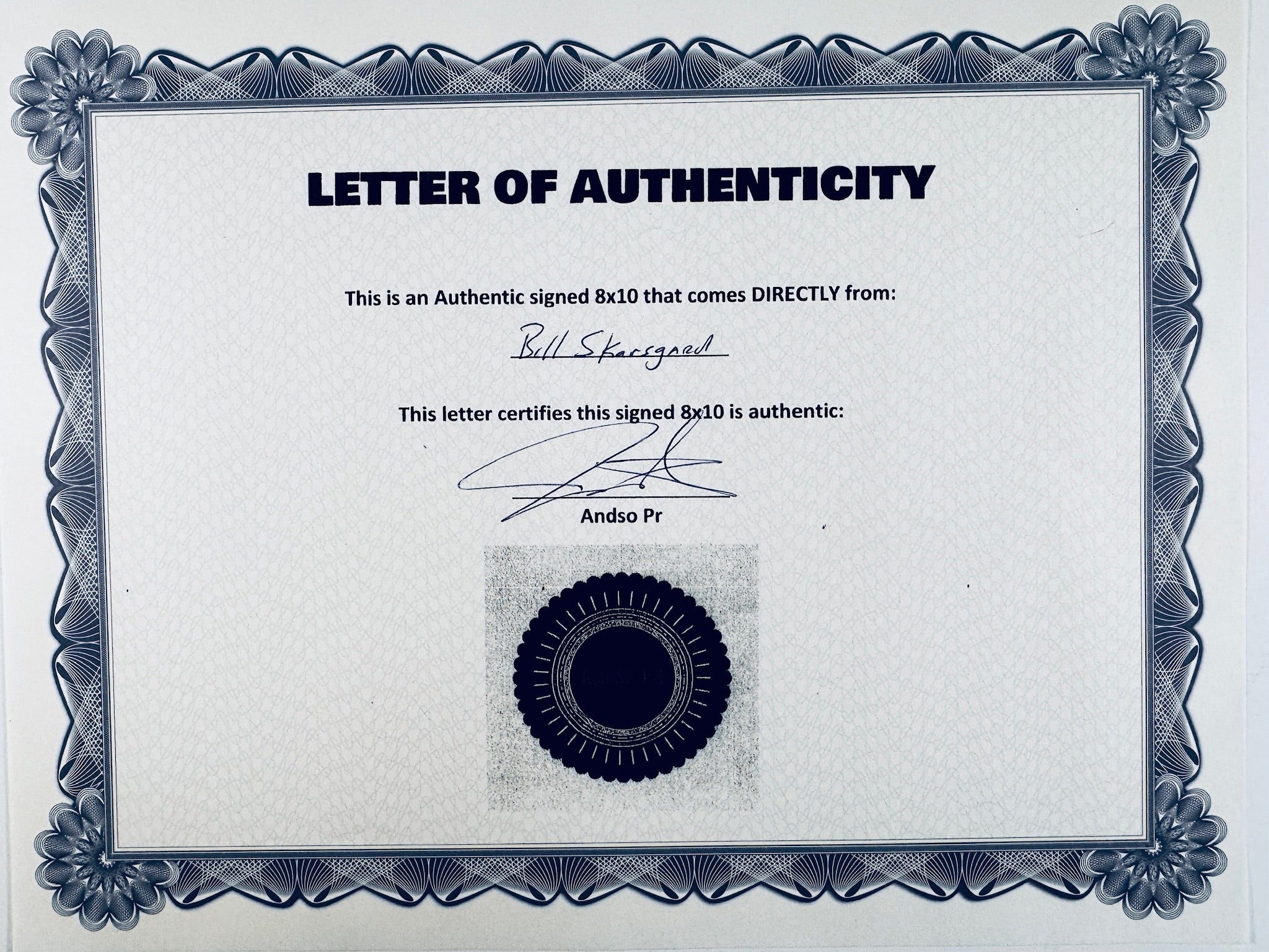 A Letter of Authenticity with a decorative blue-patterned border, certifying an authentic signed 8x10 coming directly from Bill Skarsgård, featuring a dark circular seal graphic at the bottom.