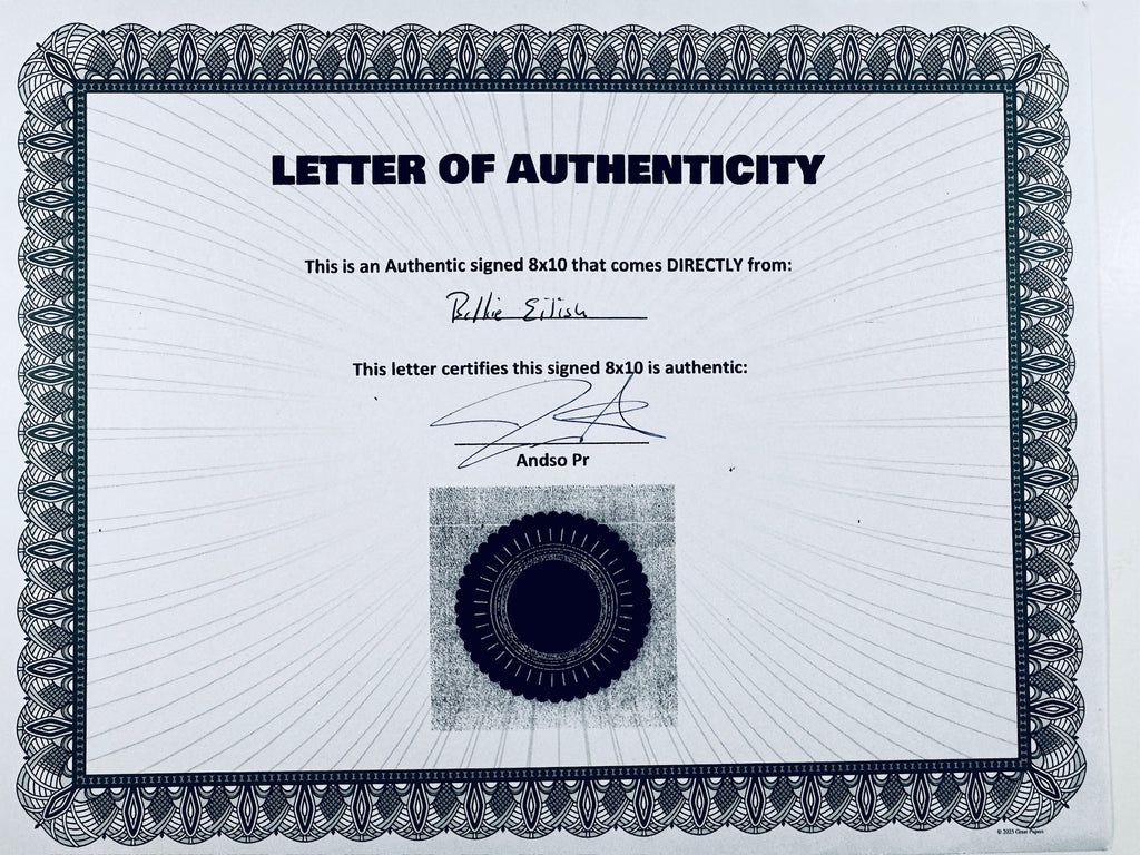 A Certificate of Authenticity featuring a decorative blue-patterned border, text certifying an authentic signed 8x10 from Billie Eilish, a signature, and a dark circular seal graphic at the bottom center.