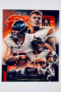 Signed full photo of Bo Nix as quarterback for the Denver Broncos, featuring a black autograph on his jersey.