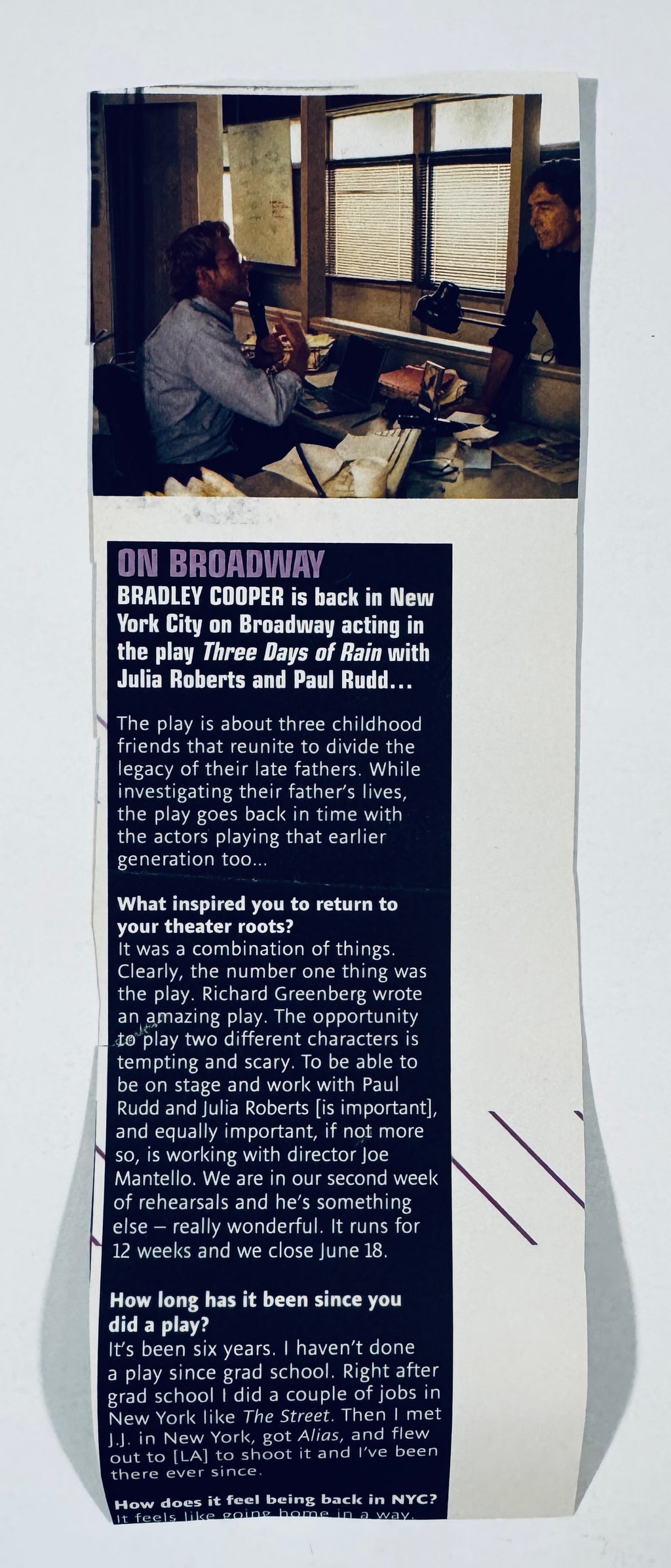 Back side of magazine clipping featuring a Broadway Q&A interview article about Bradley Cooper.