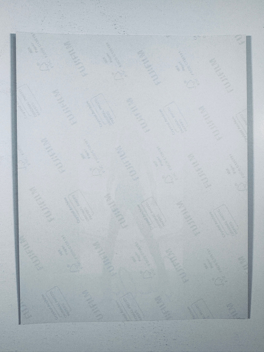 The plain white reverse side representing the back physical condition of the photograph print, showing translucent Fujifilm crystal archive paper watermarks and logos.