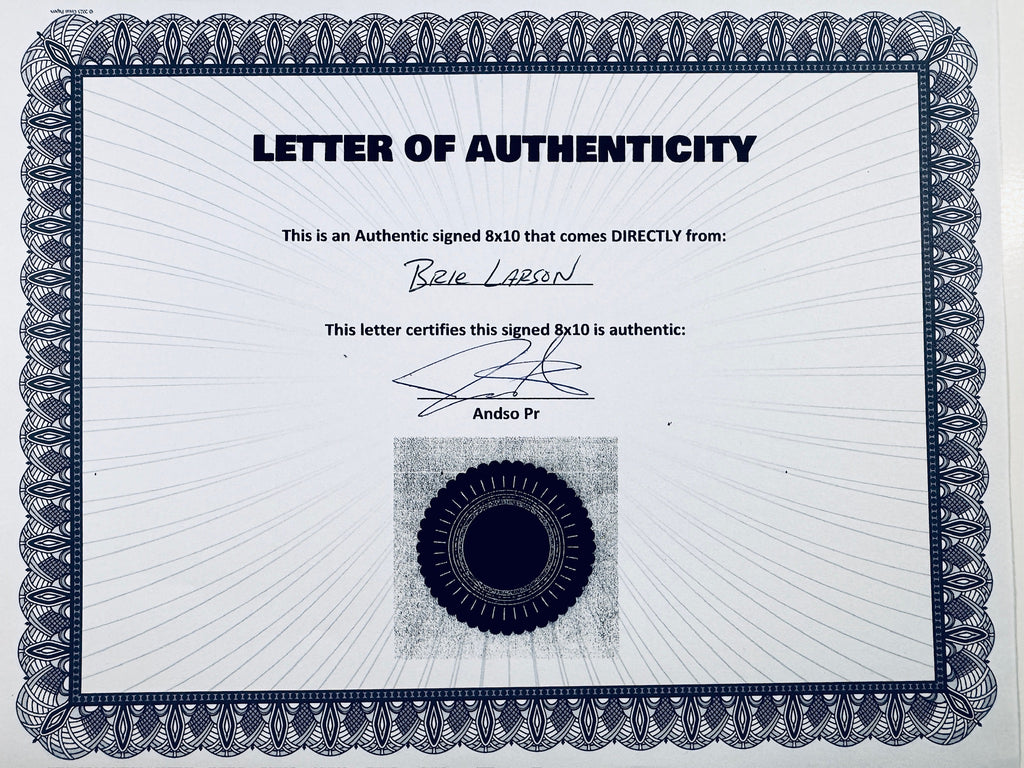 A Letter of Authenticity with a decorative blue-patterned border, certifying an authentic signed 8x10 coming directly from Brie Larson, featuring a dark circular seal graphic at the bottom.