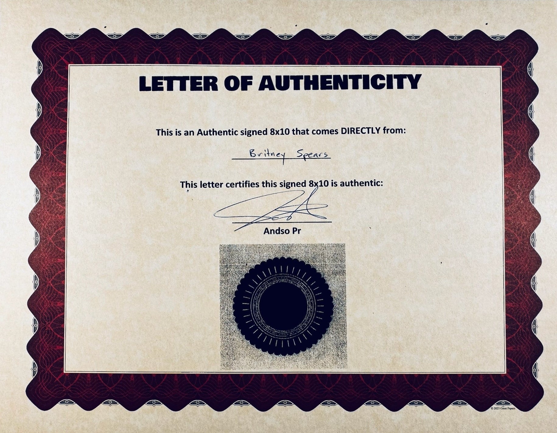 Certificate of authenticity for Britney Spears signed 8x10 photo