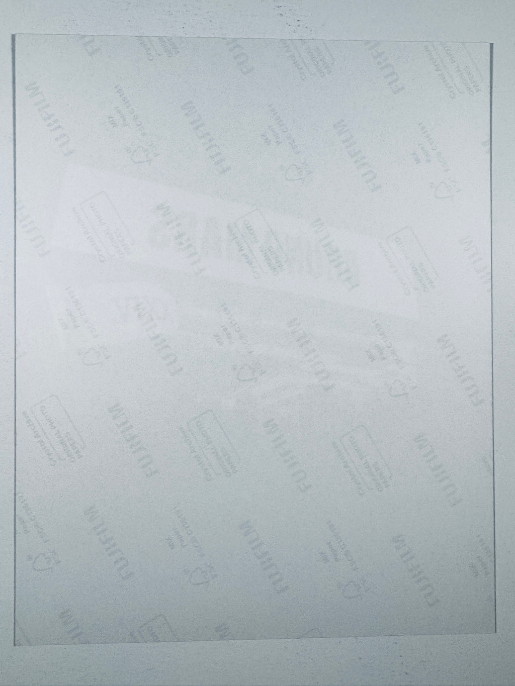 The plain white reverse side representing the back physical condition of the photograph print, showing translucent Fujifilm crystal archive paper watermarks and logos.