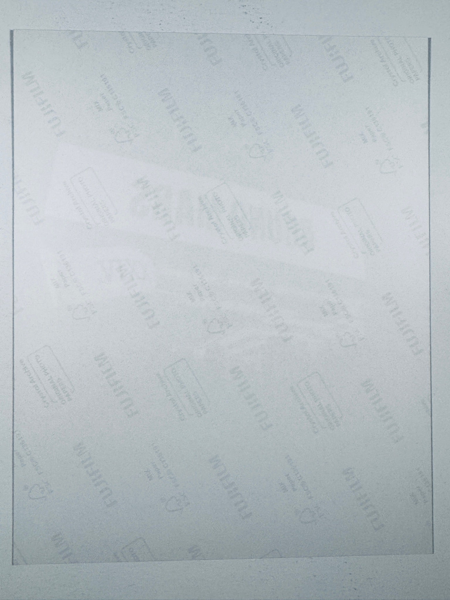 The plain white reverse side representing the back physical condition of the photograph print, showing translucent Fujifilm crystal archive paper watermarks and logos.