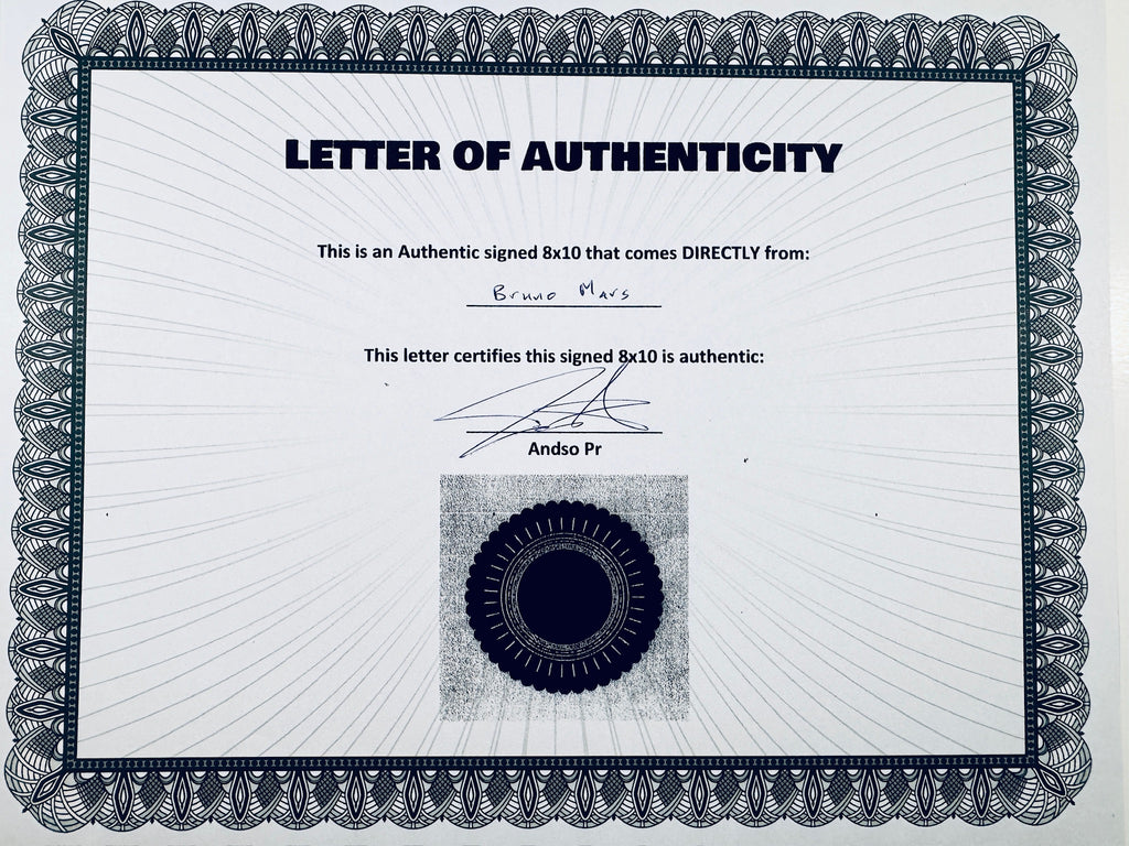 A Letter of Authenticity with a decorative blue-patterned border, certifying an authentic signed 8x10 coming directly from Bruno Mars, featuring a dark circular seal graphic at the bottom.