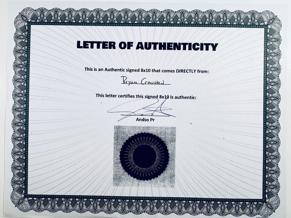 A Letter of Authenticity with a decorative blue-patterned border, certifying an authentic signed 8x10 coming directly from Bryan Cranston, featuring a dark circular seal graphic at the bottom.