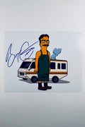 An animated illustration of Bryan Cranston as Walter White in a green apron standing in front of an RV with smoke rising from the top, featuring a blue marker signature across the upper left.