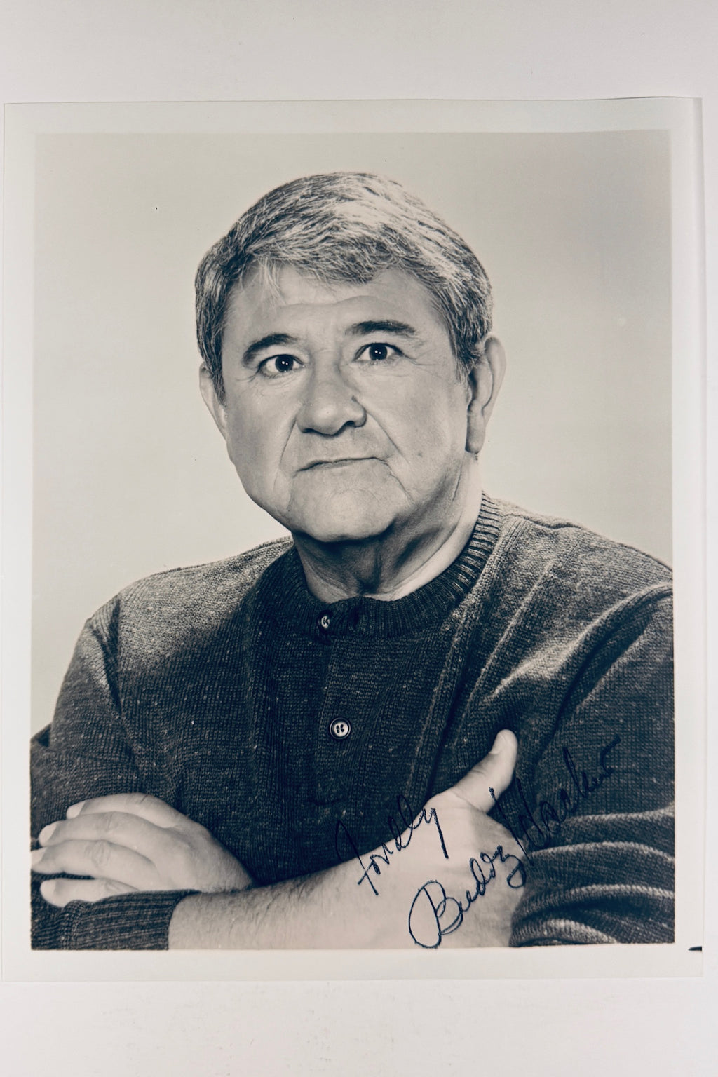 Full front view of vintage black and white 8x10 headshot photo autographed by comedian and actor Buddy Hackett.