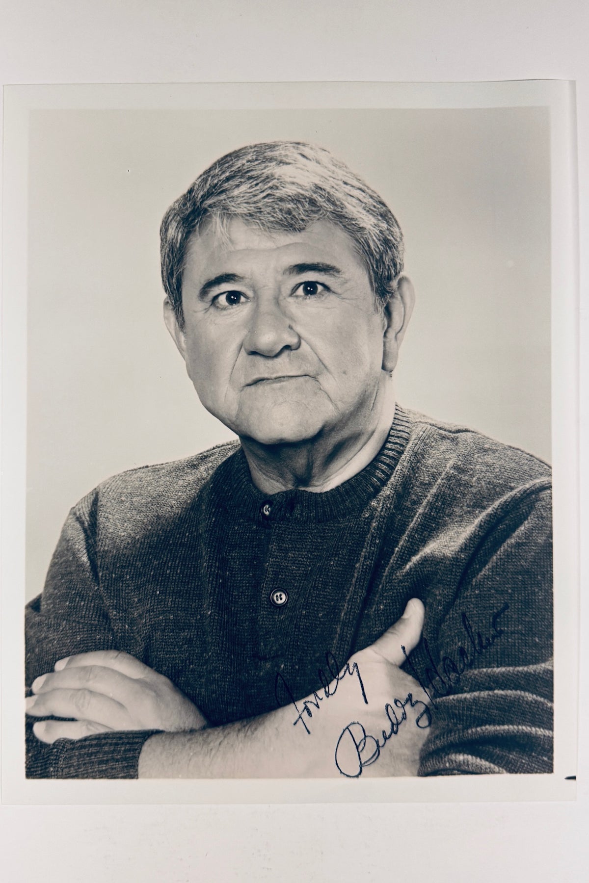 Full front view of vintage black and white 8x10 headshot photo autographed by comedian and actor Buddy Hackett.
