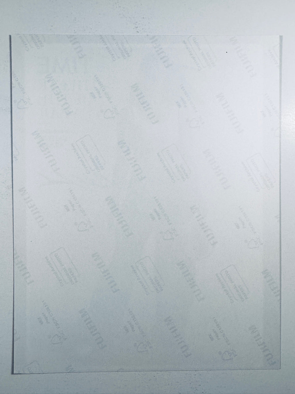 The plain white reverse side representing the back physical condition of the photograph print, showing translucent Fujifilm crystal archive paper watermarks and logos.