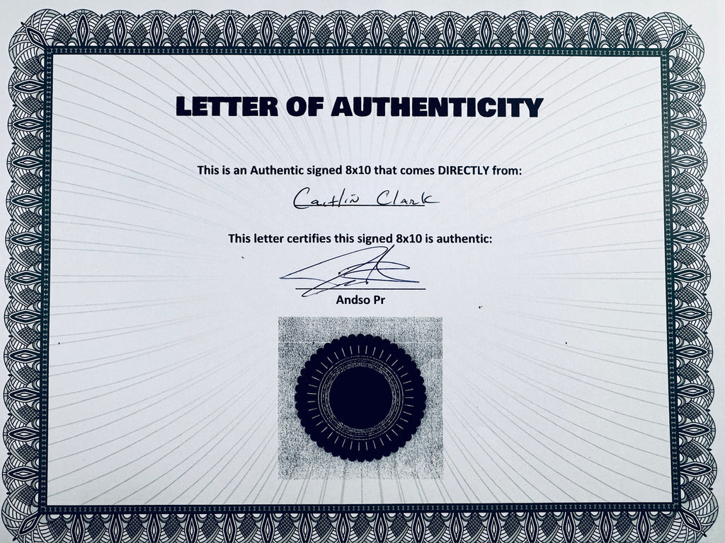 A Letter of Authenticity with a decorative blue-patterned border, certifying an authentic signed 8x10 coming directly from Caitlin Clark, featuring a dark circular seal graphic at the bottom.