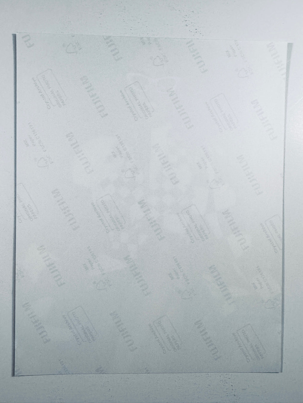 The plain white reverse side representing the back physical condition of the photograph print, showing translucent Fujifilm crystal archive paper watermarks and logos.
