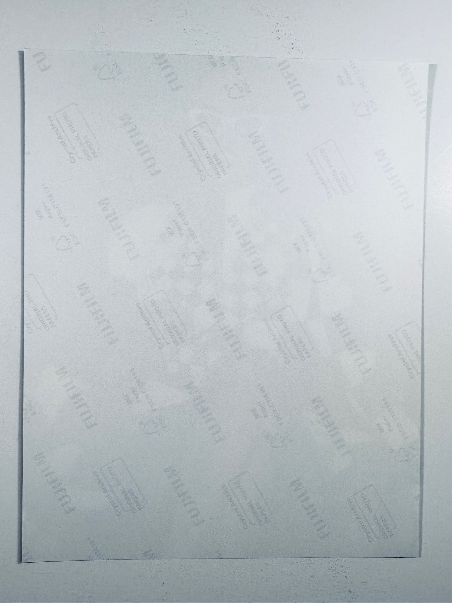 The plain white reverse side representing the back physical condition of the photograph print, showing translucent Fujifilm crystal archive paper watermarks and logos.