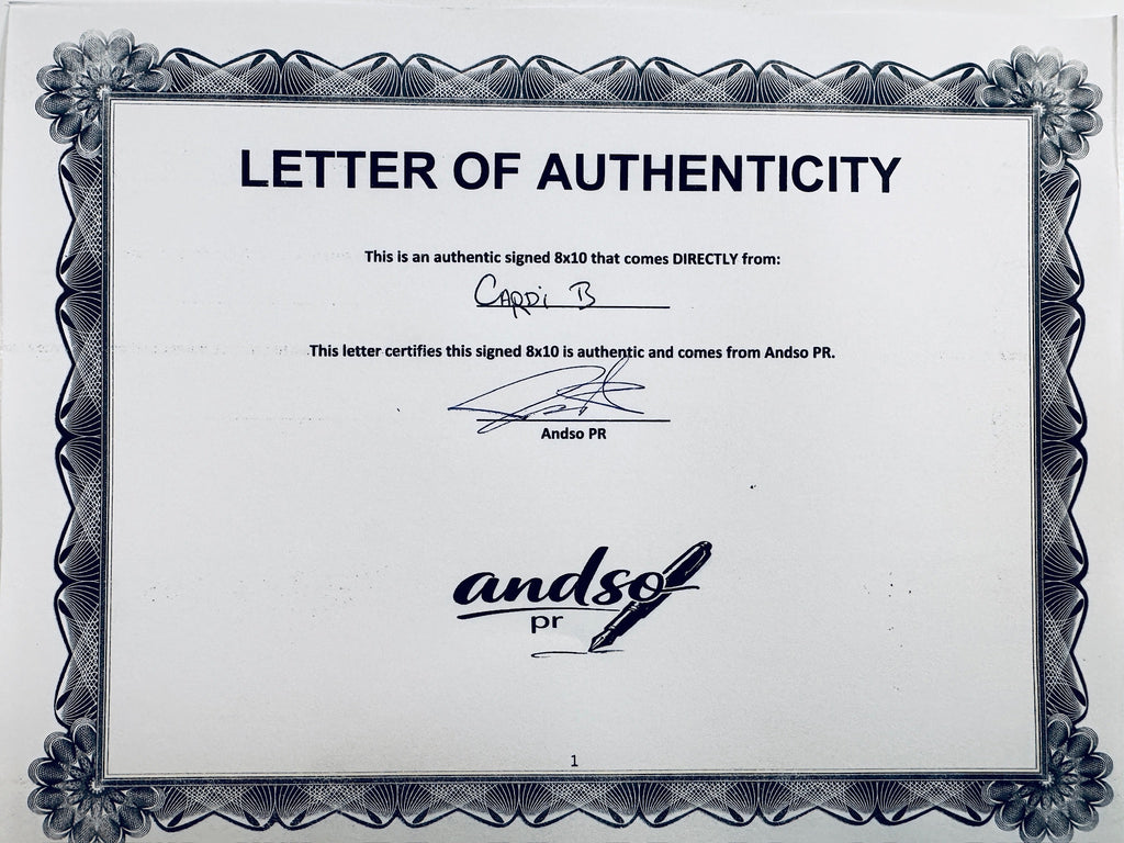 A Letter of Authenticity with a decorative blue-patterned border, certifying an authentic signed 8x10 coming directly from Cardi B, featuring a signature and a dark circular seal graphic at the bottom.
