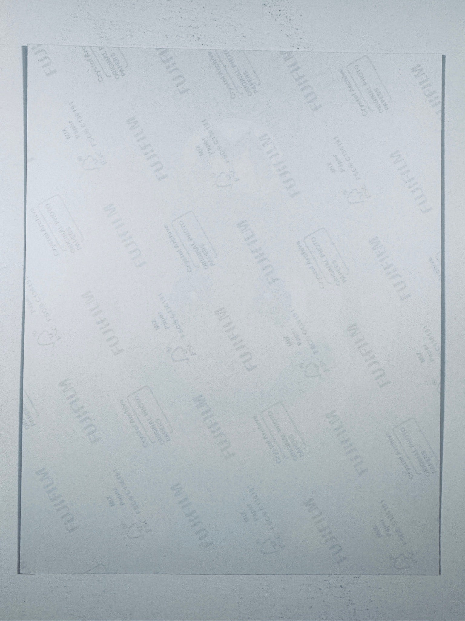 The plain white reverse side representing the back physical condition of the photograph print, showing translucent Fujifilm crystal archive paper watermarks and logos.