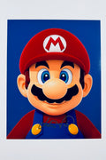 A close-up portrait of Mario with his red hat and blue overalls against a solid blue background, featuring a dark marker signature across his chest straps.