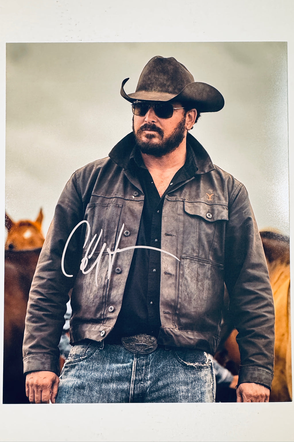 Signed full photo of Cole Hauser as Rip Wheeler from Yellowstone wearing a cowboy hat and sunglasses, featuring a silver autograph.