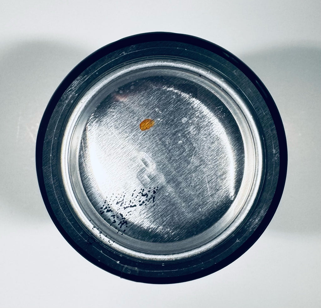 A top-down view of a round stainless steel bowl with a black rim, showing a small orange object inside on a light gray background.