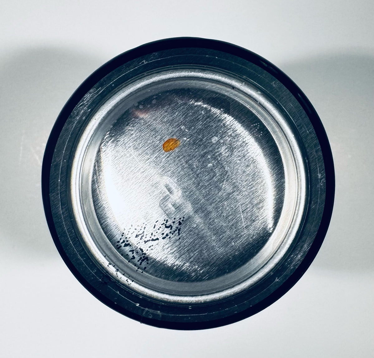 A top-down view of a round stainless steel bowl with a black rim, showing a small orange object inside on a light gray background.