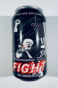A limited edition aluminum beer can with a black label featuring white and red graphics, including an American flag, portraits, and the text 'Conservative Dad's FIGHT 100% American Beer'.